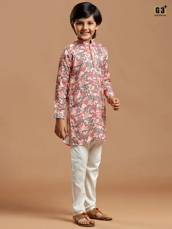 Cotton silk printed light pink festive functions kurta suit