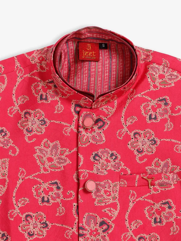 Cotton silk printed pink waistcoat set