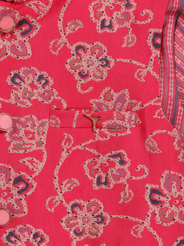 Cotton silk printed pink waistcoat set