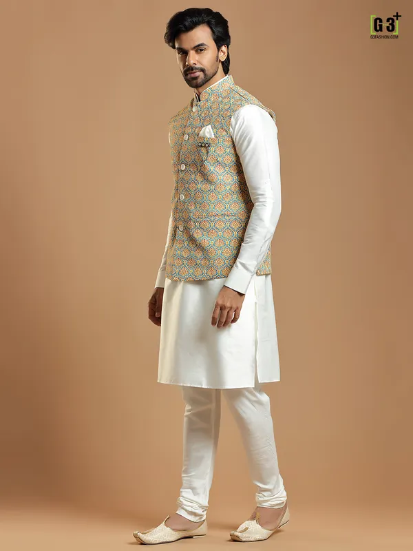 Cotton silk printed yellow waistcoat with cream kurta set