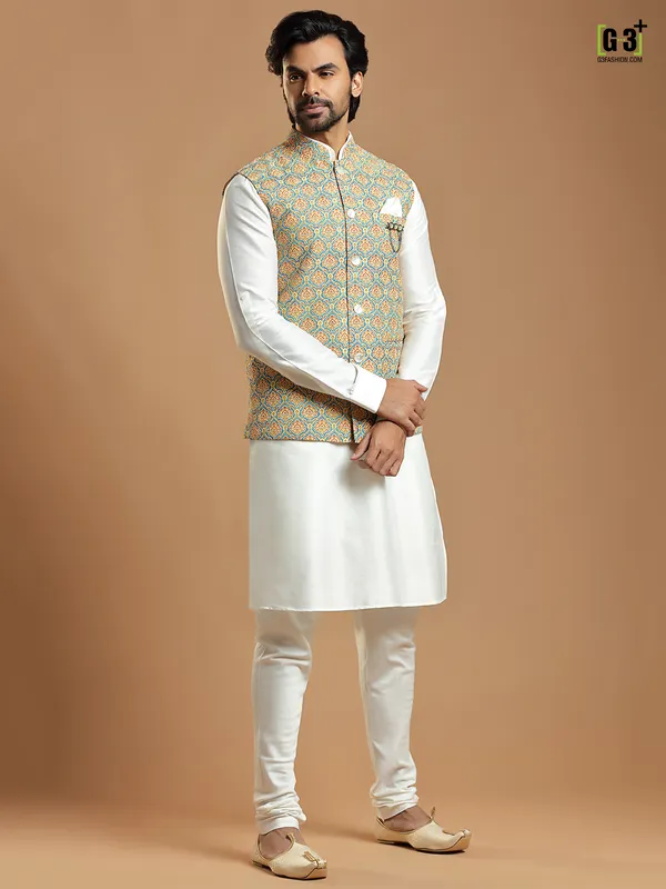 Cotton silk printed yellow waistcoat with cream kurta set