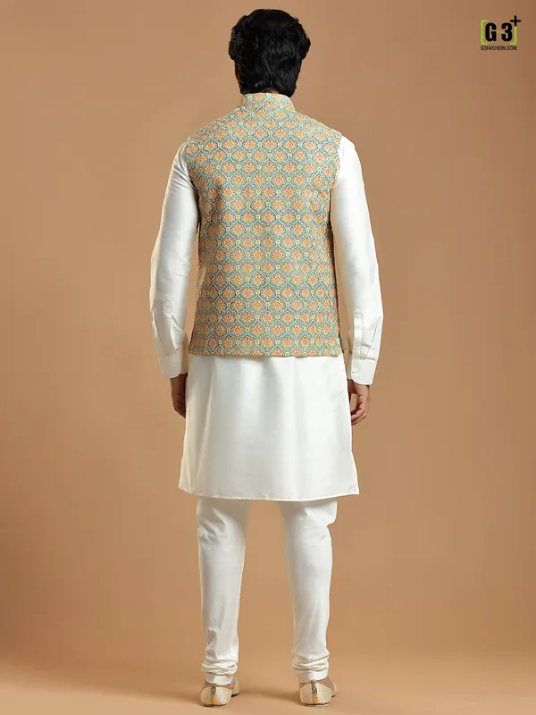 Cotton silk printed yellow waistcoat with cream kurta set