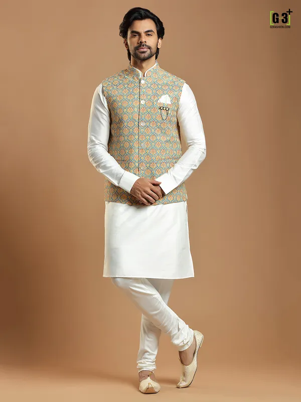 Cotton silk printed yellow waistcoat with cream kurta set
