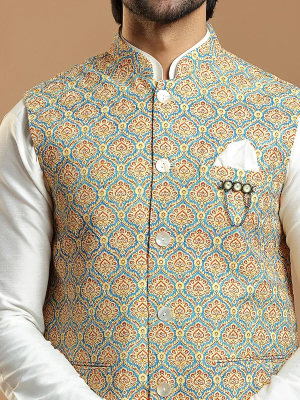 Cotton silk printed yellow waistcoat with cream kurta set