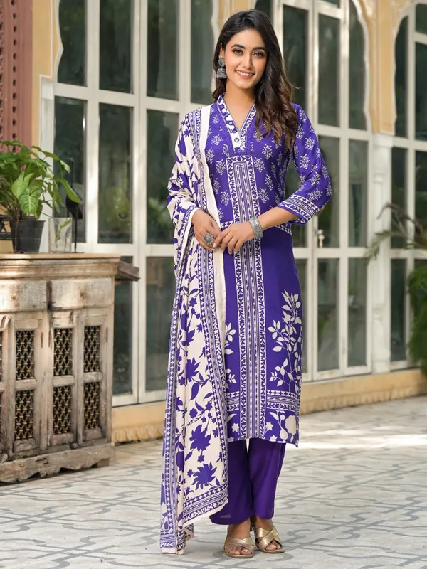 Cotton silk purple printed salwar suit