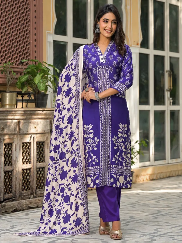 Cotton silk purple printed salwar suit