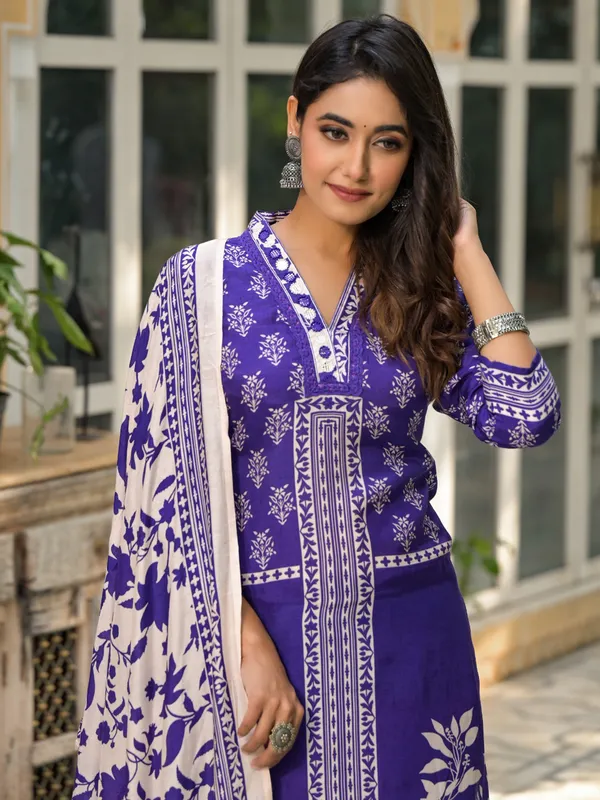 Cotton silk purple printed salwar suit