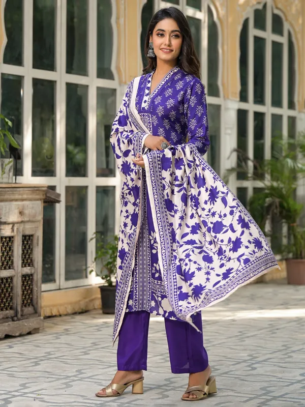 Cotton silk purple printed salwar suit