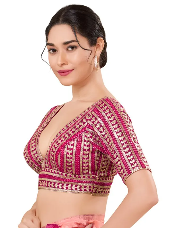 Cotton silk ready made blouse in megenta pink