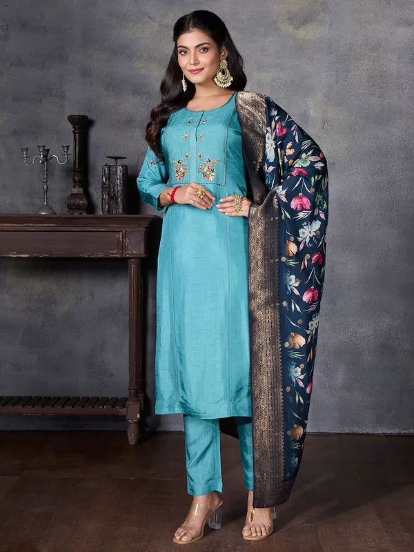 Cotton silk sky blue salwar suit