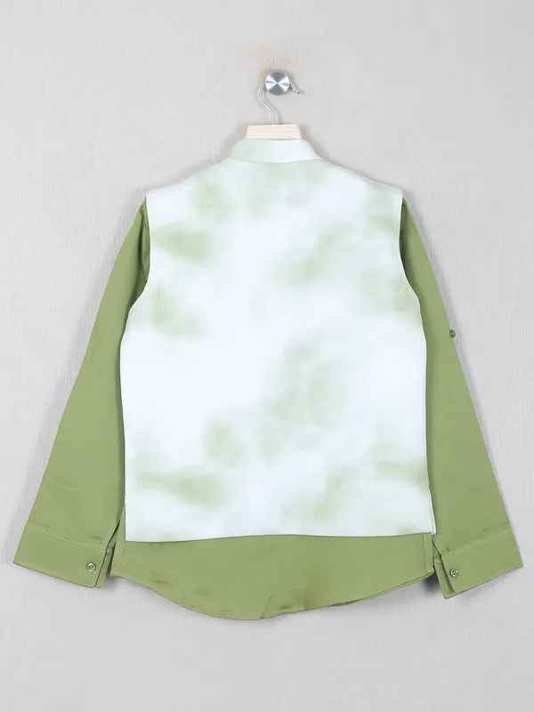Cotton silk waistcoat with kurta in olive green hued