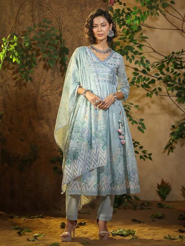 Cotton sky blue printed kurti set