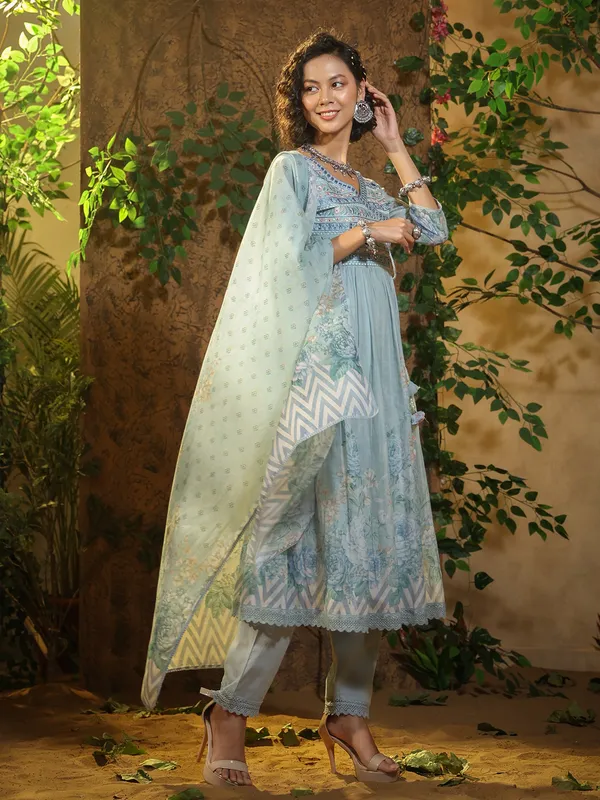 Cotton sky blue printed kurti set