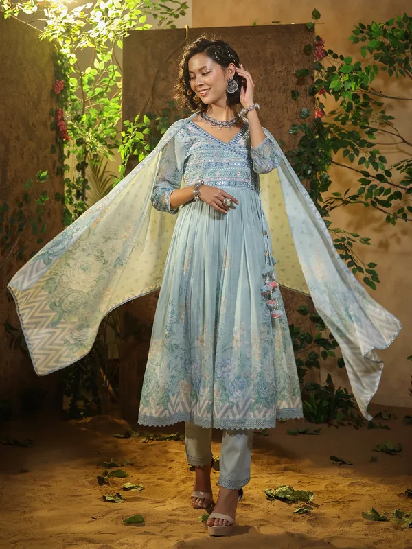 Cotton sky blue printed kurti set