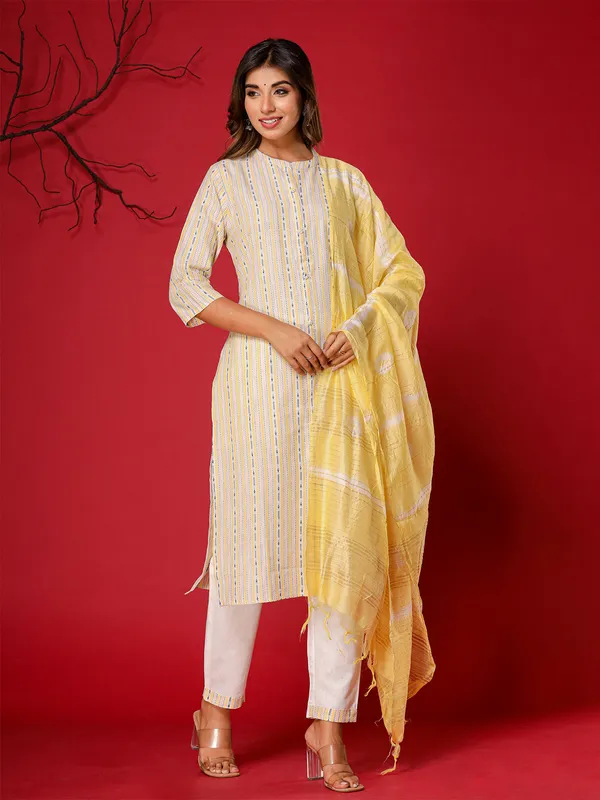 Cotton stripe kurti set in light yellow