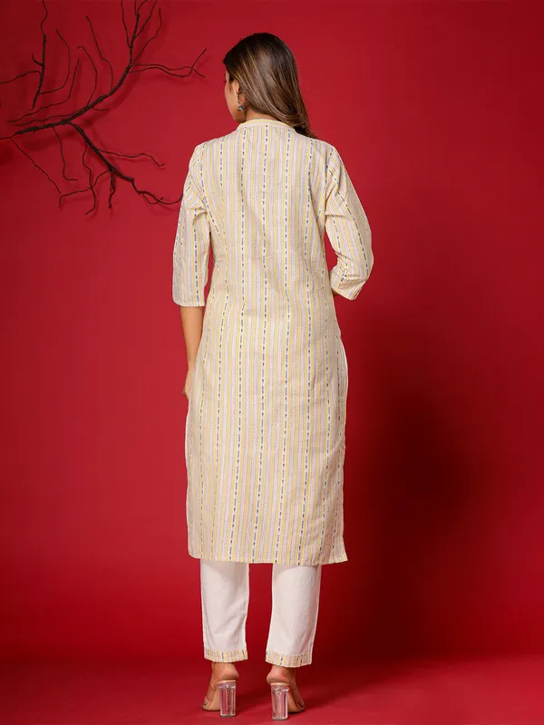 Cotton stripe kurti set in light yellow