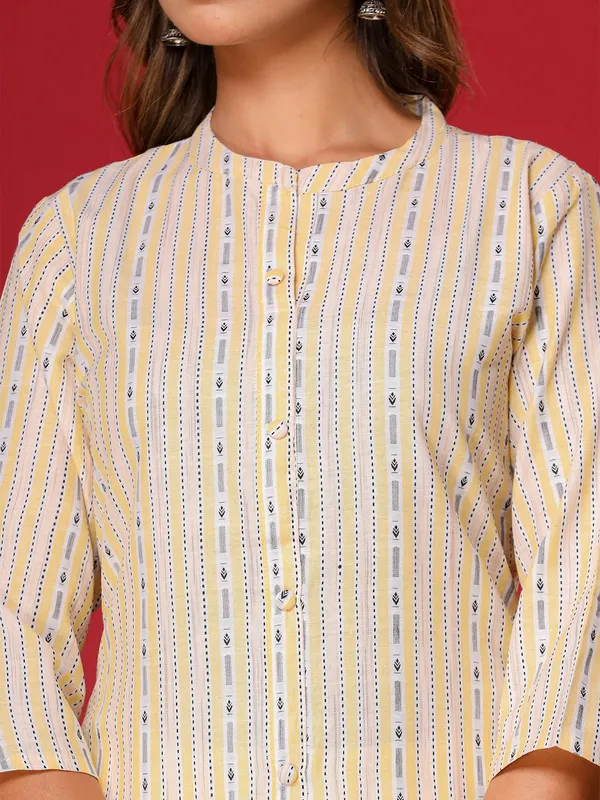 Cotton stripe kurti set in light yellow