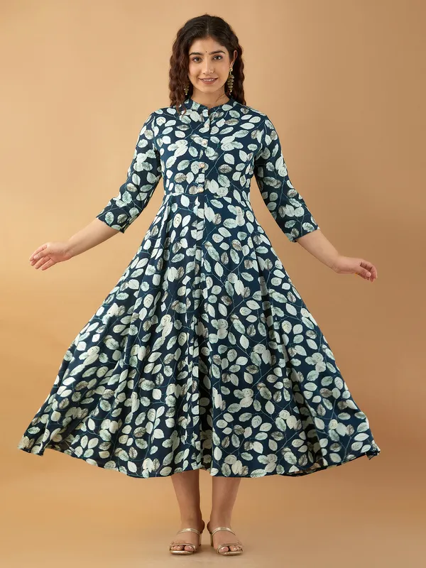 Cotton teal blue printed long kurti