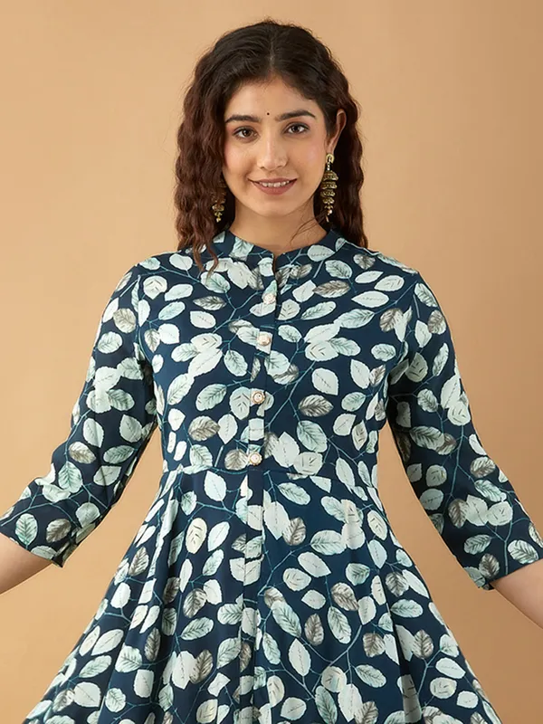 Cotton teal blue printed long kurti
