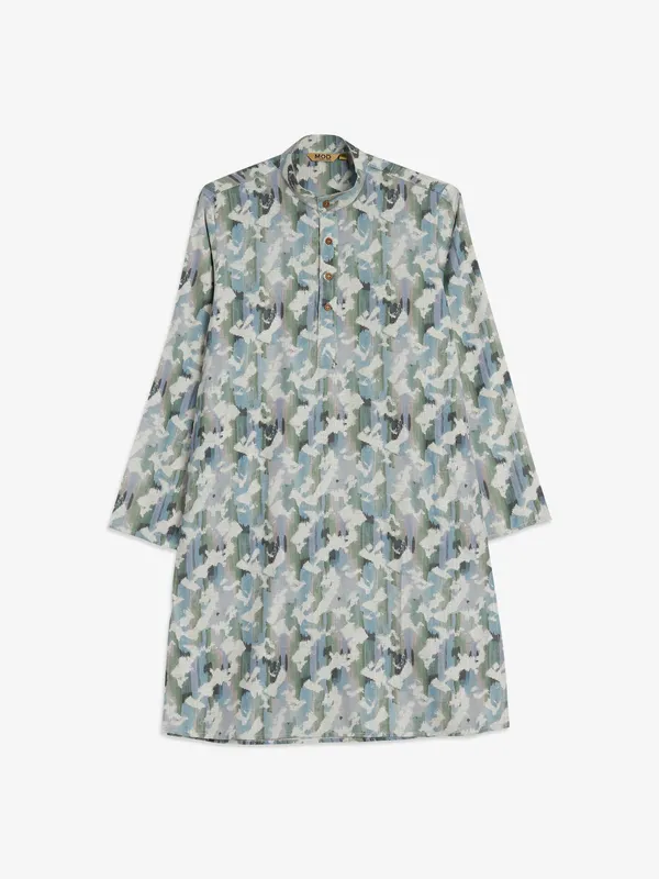 Cotton white and green printed kurta suit