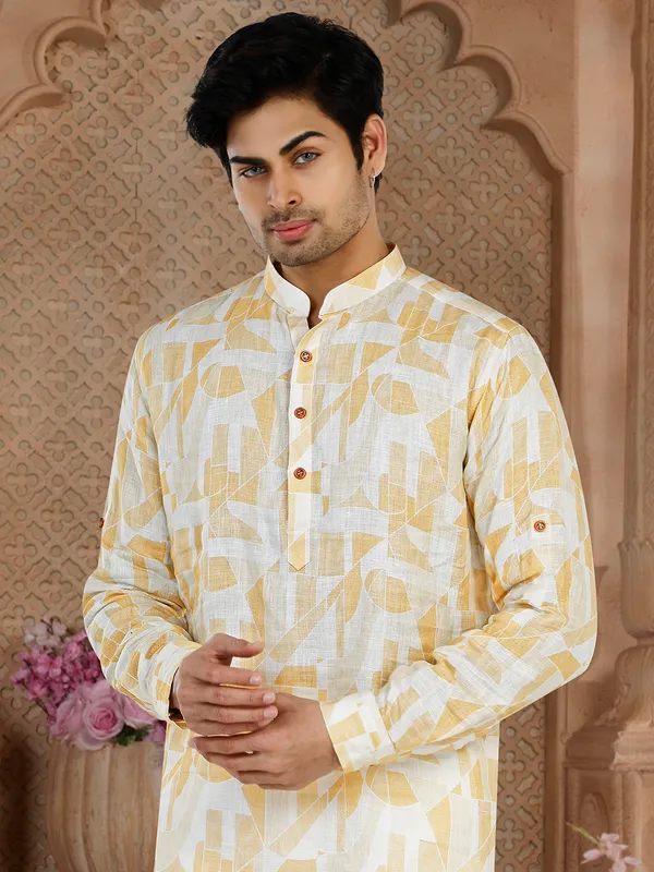 Cotton white and yellow printed  Men Kurta pajama