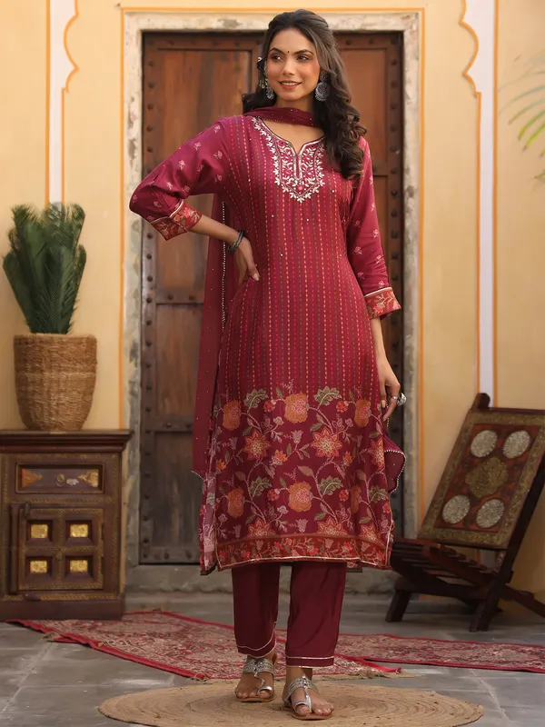 Cotton wine maroon festive punjabi style festive pant set