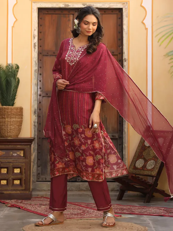 Cotton wine maroon festive punjabi style festive pant set