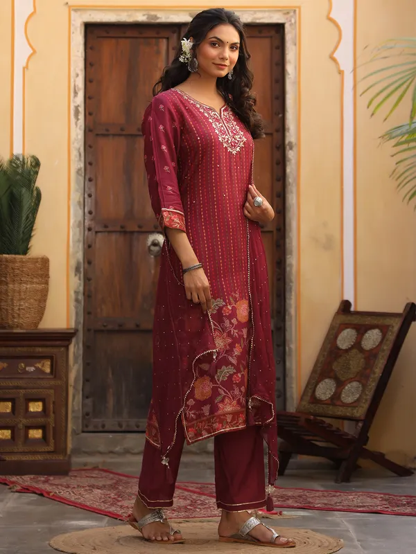 Cotton wine maroon festive punjabi style festive pant set