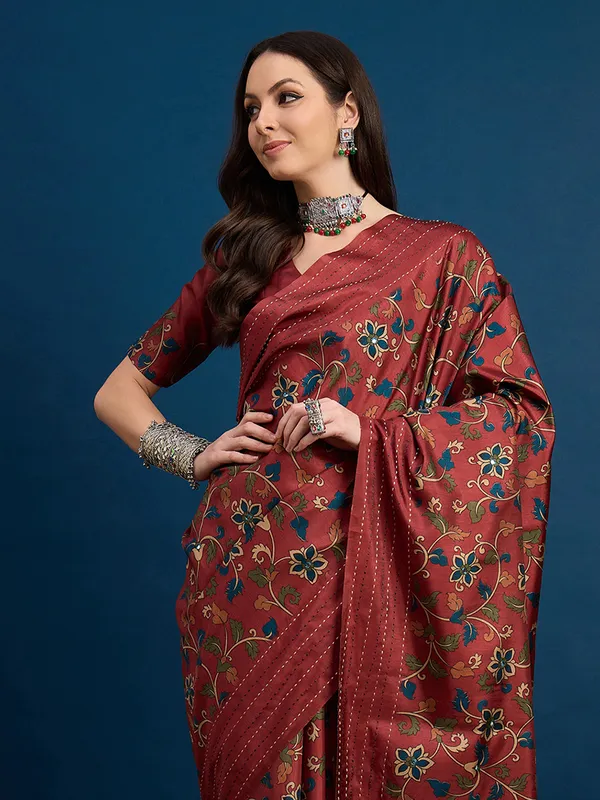 cozi silk printed saree in brown