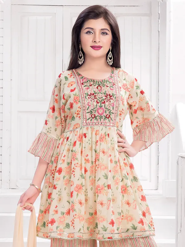 Cream aabla worked printed palazzo suit