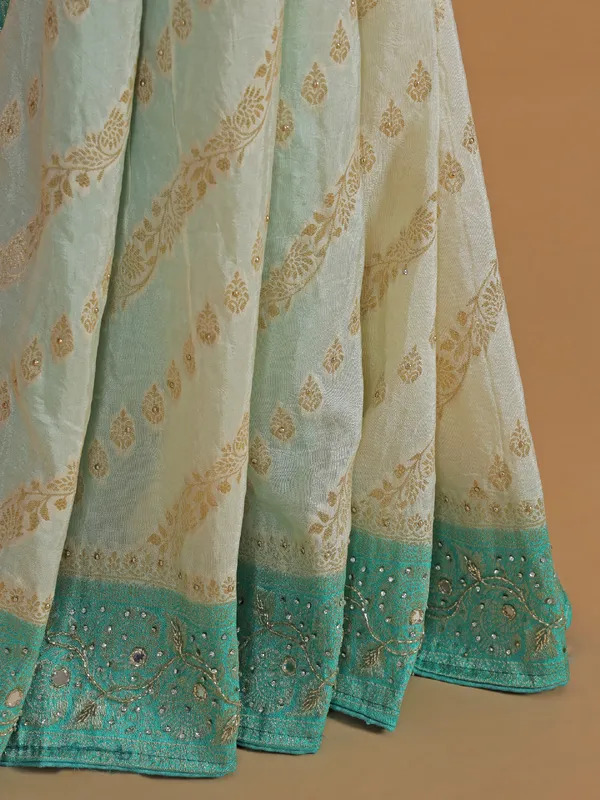 Cream and aqua dola silk wedding wear saree