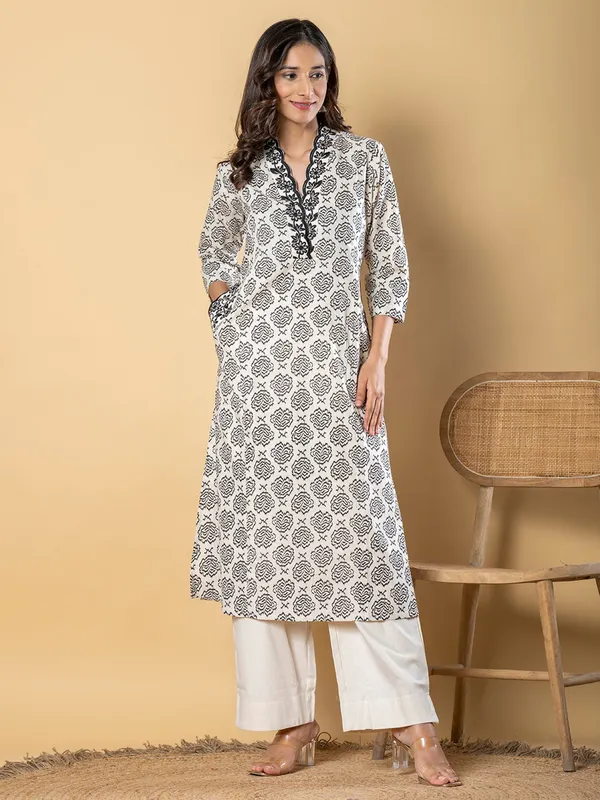 Cream and black cotton silk printed kurti palazzo set