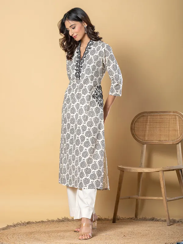 Cream and black cotton silk printed kurti palazzo set