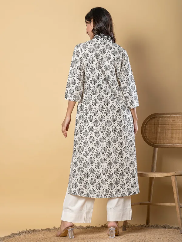 Cream and black cotton silk printed kurti palazzo set