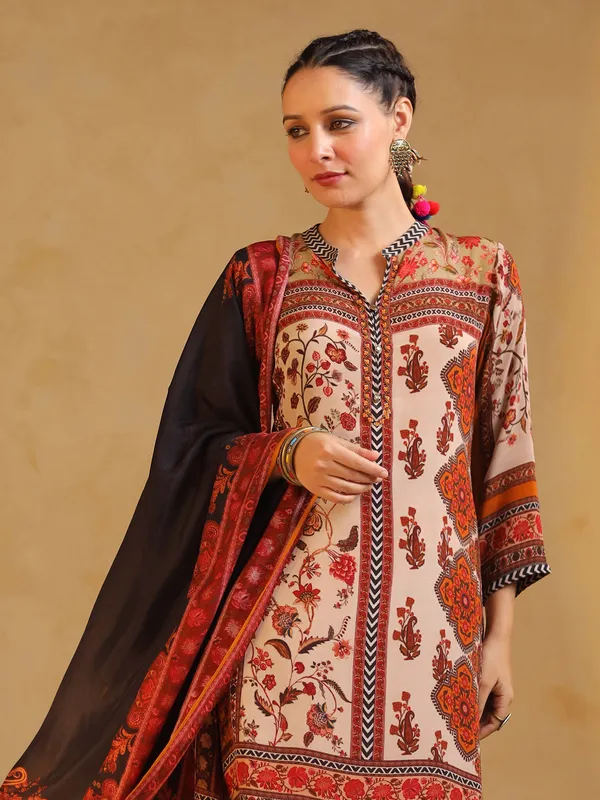 cream and black printed silk salwar suit for women