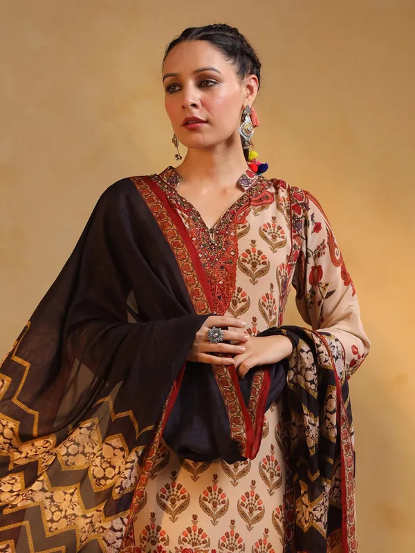 cream and black silk printed festive wear salwar suit