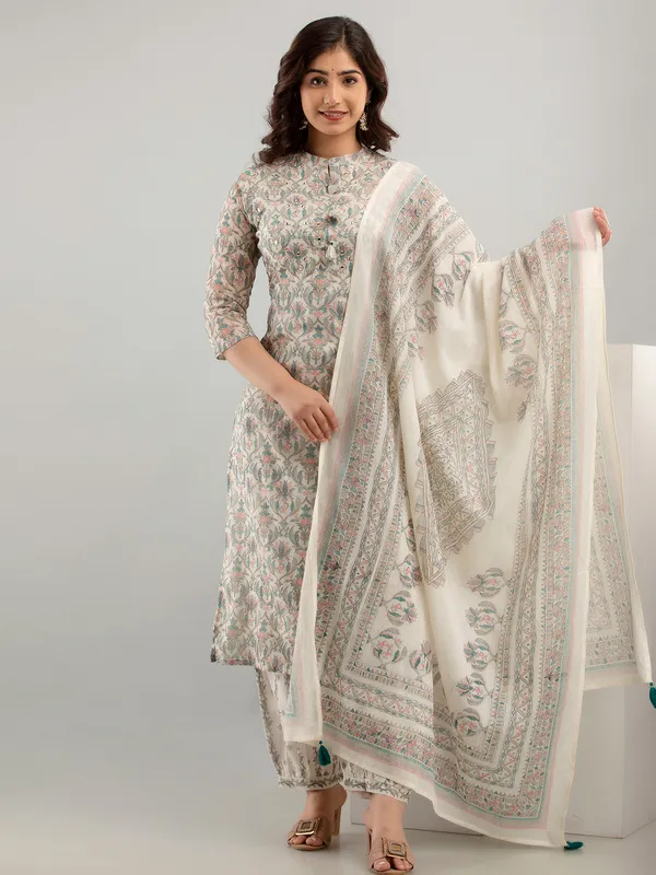 Cream and blue cotton kurti set