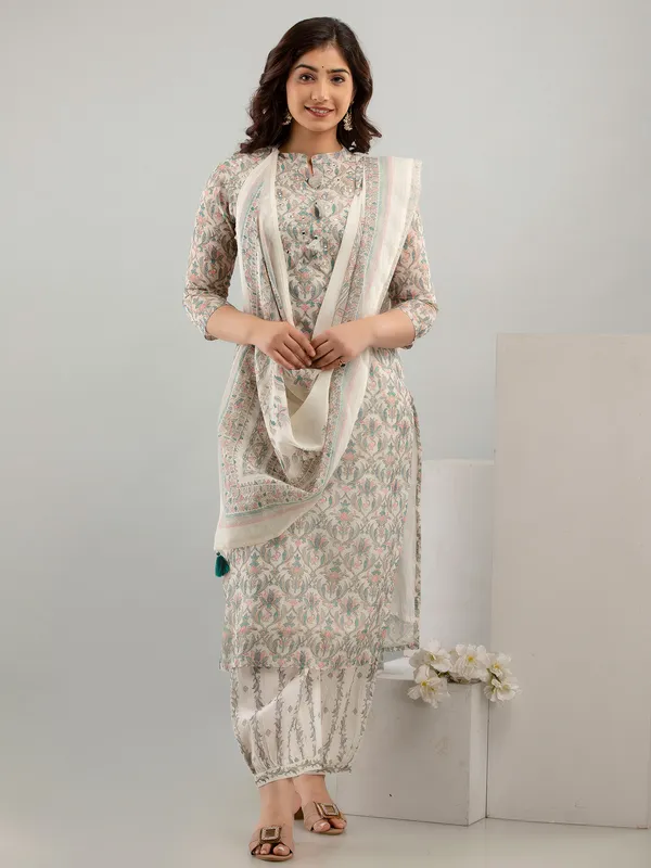 Cream and blue cotton kurti set