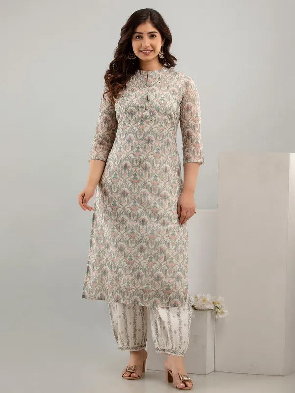 Cream and blue cotton kurti set