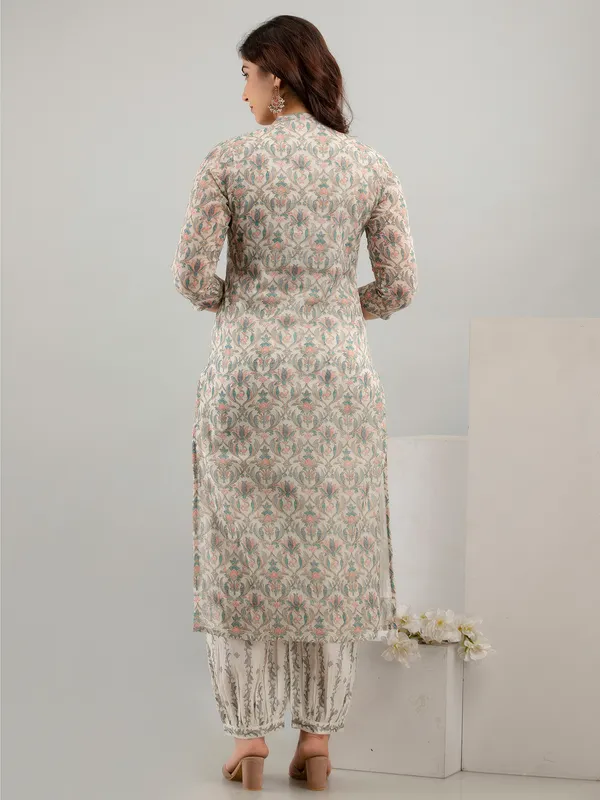 Cream and blue cotton kurti set