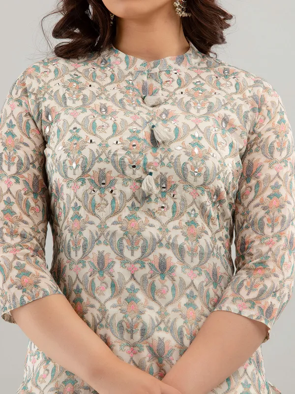 Cream and blue cotton kurti set