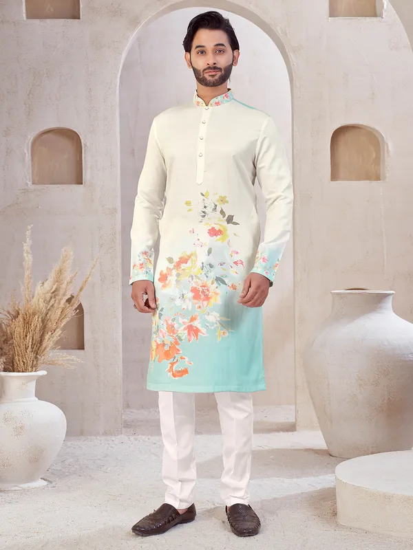 White and blue cotton printed kurta suit