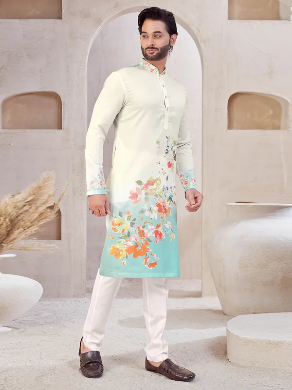 White and blue cotton printed kurta suit
