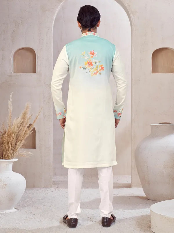 White and blue cotton printed kurta suit