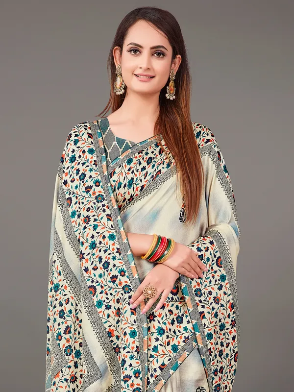 Cream and blue pashmina silk saree with print