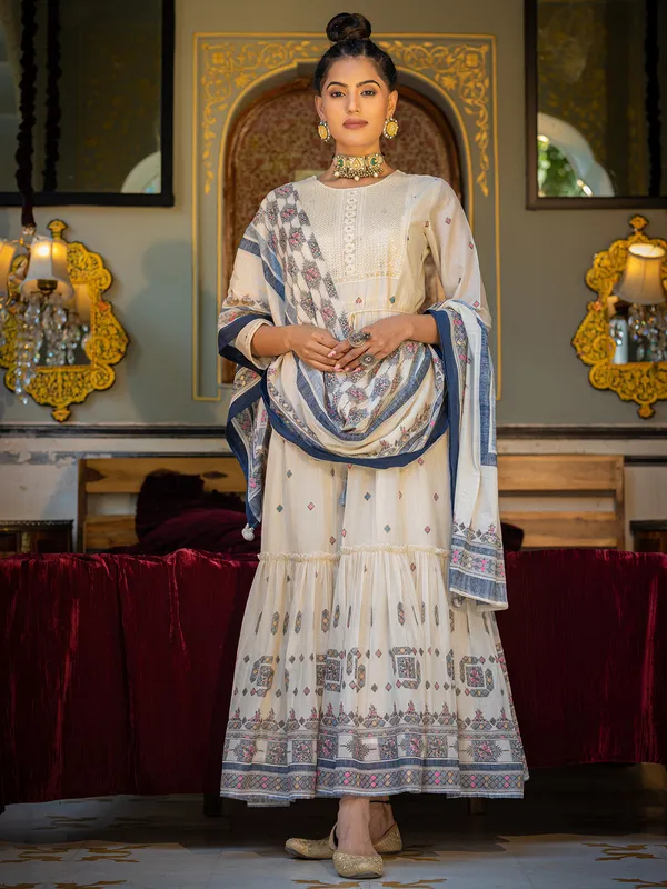 Cream and blue printed kurti