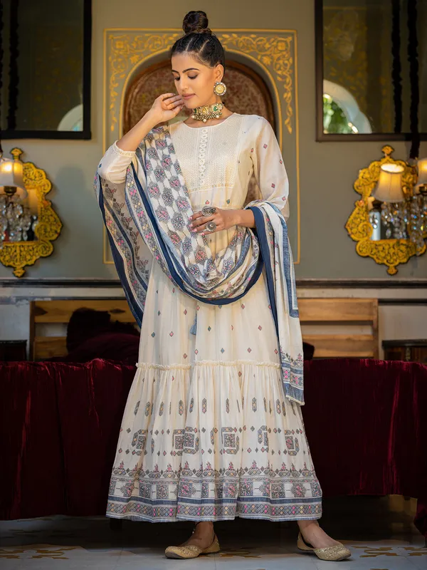 Cream and blue printed kurti