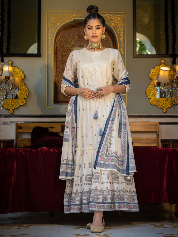 Cream and blue printed kurti