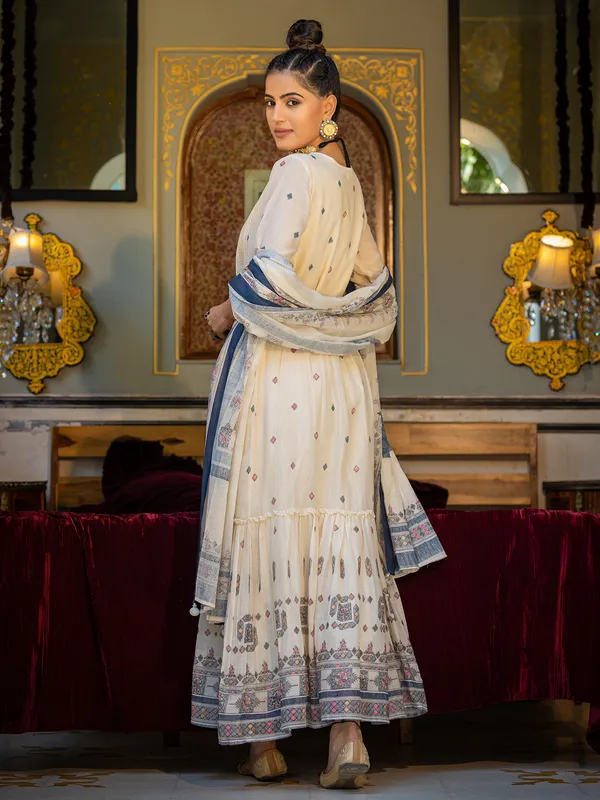 Cream and blue printed kurti
