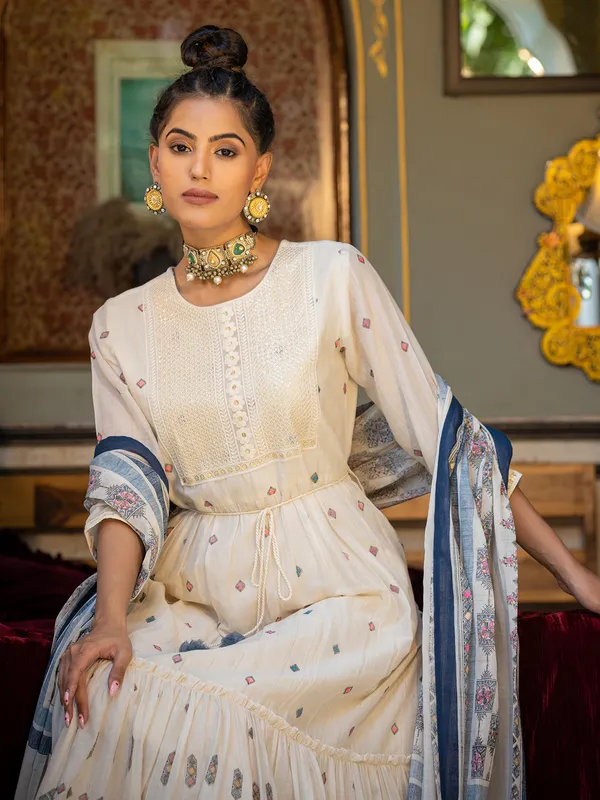 Cream and blue printed kurti